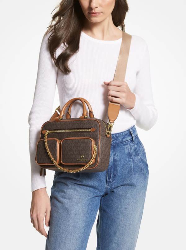 Damske Crossbody Kabelka Michael Kors Elliot Medium Logo Čokoláda Žlté - Kabelky Michael Kors Sleva | PUIGQ-6523